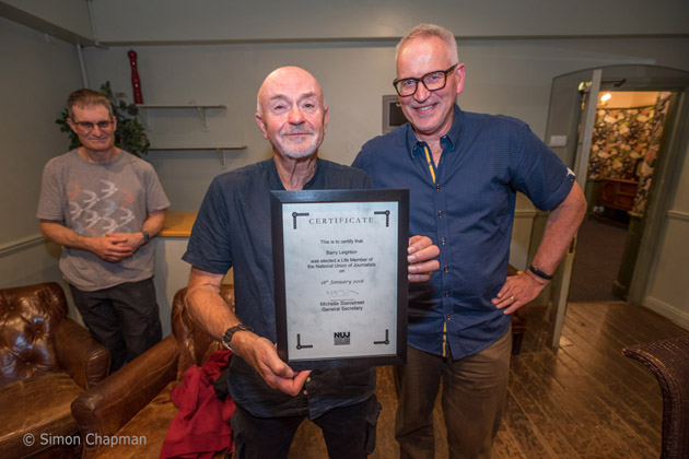 Presentation of Life Membership certificate to Barry Leighton by NUJ SWE Chair Ray Tostevin 03 July 2026